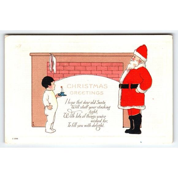 Santa Claus Christmas Postcard Child Hold Lit Candle By Fireplace Series C-299 - Picture 1 of 2